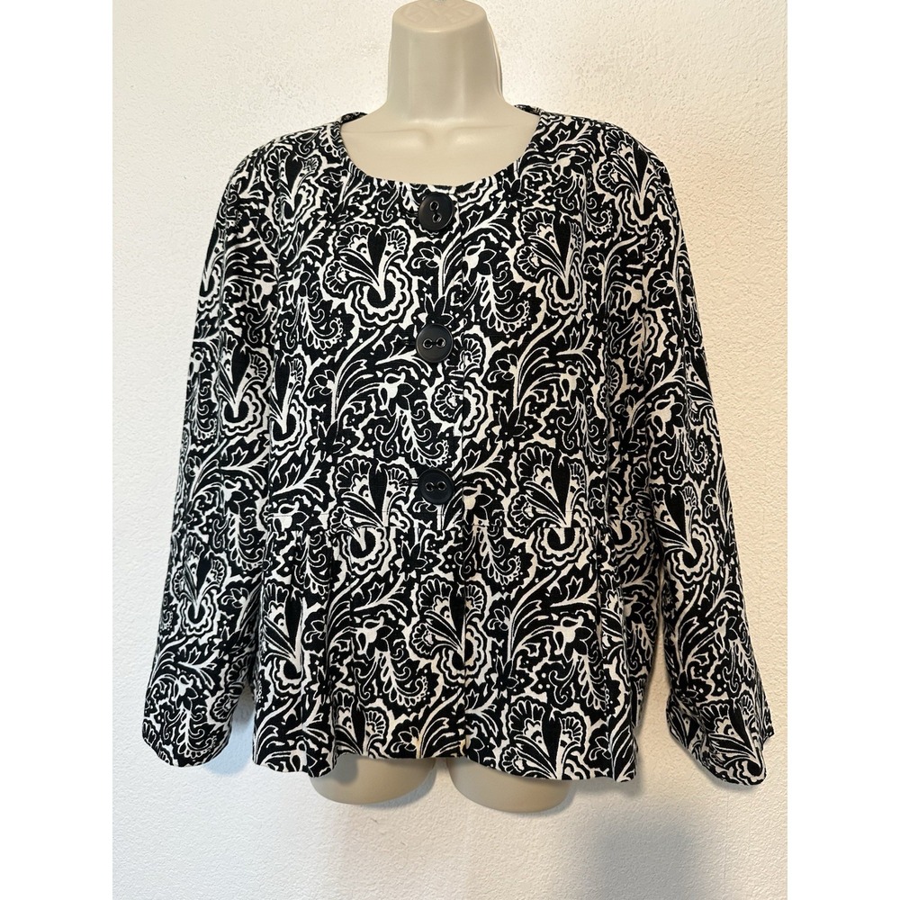 Linen Top Jacket Black White Floral Size XL 3 Button Boxy Artsy‎ Career Travel